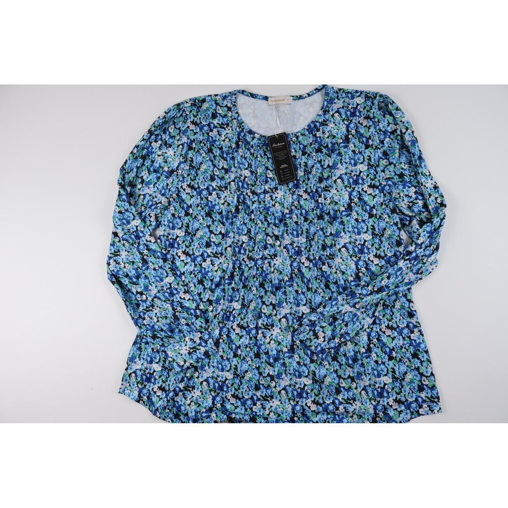 Fantaslook Blouse Pleated Floral Blue Green XL NWT
